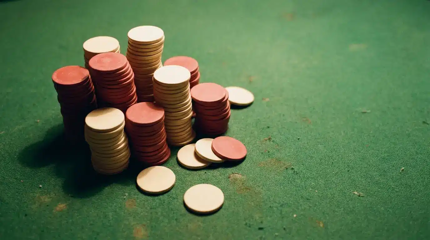 Stacks of red and white poker chips on green felt table in warm lighting