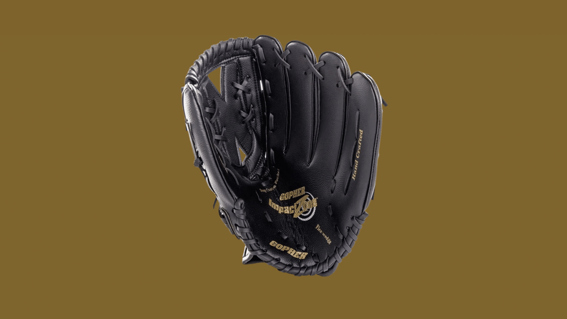 black leather baseball glove with open web pocket and stitched details displayed against a solid brown background showing the palm side