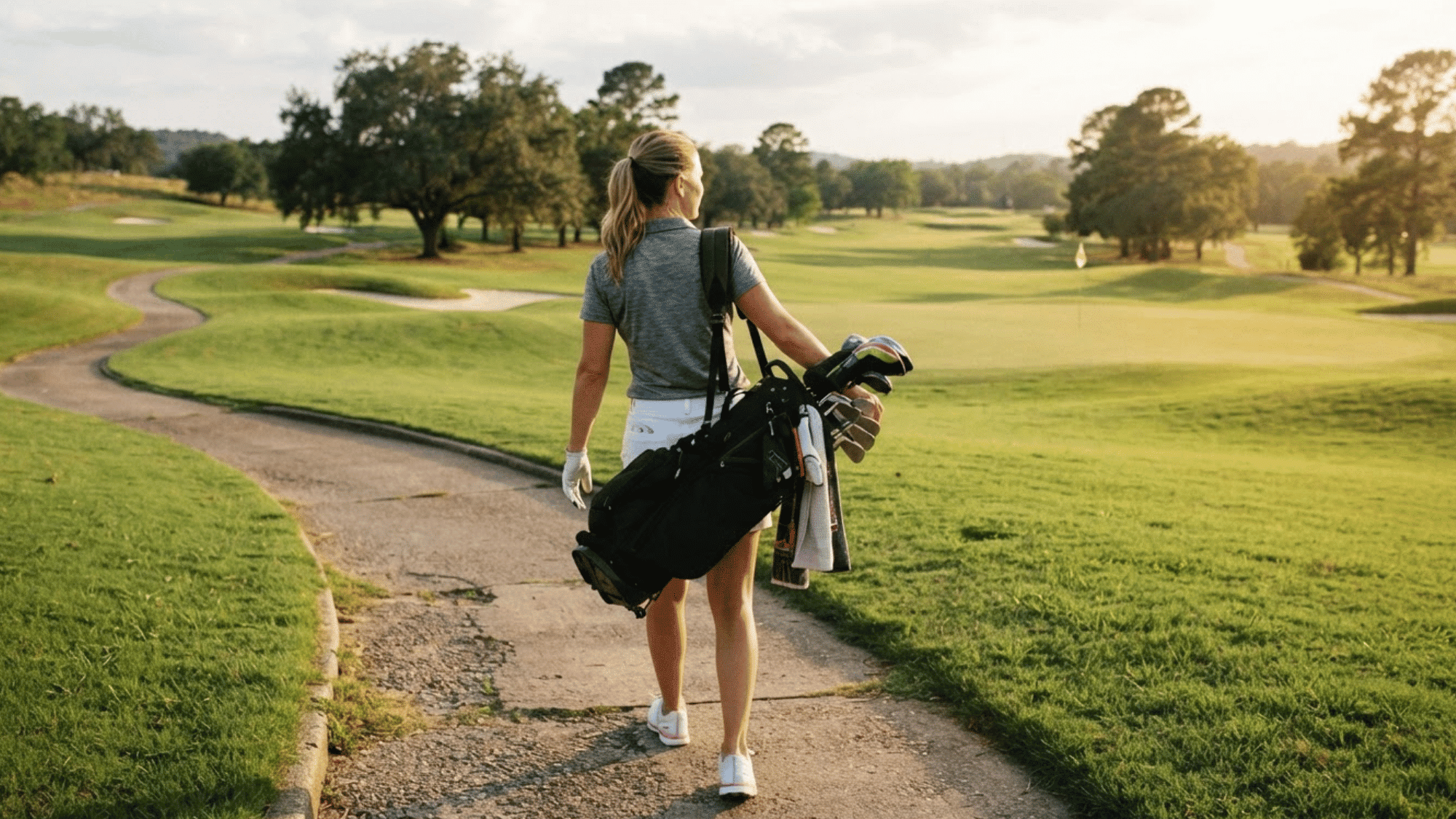 woman carrying a golf club kit while walking across a grassy golf course
