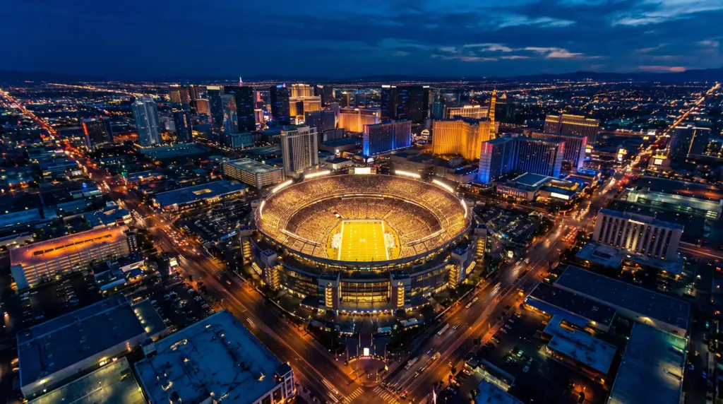 Illuminated stadium surrounded by cityscape at night with bright lights and high-rise buildings