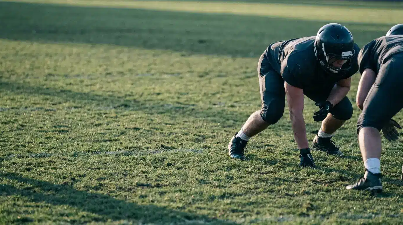 Football players in black uniforms crouched on grassy field during a game