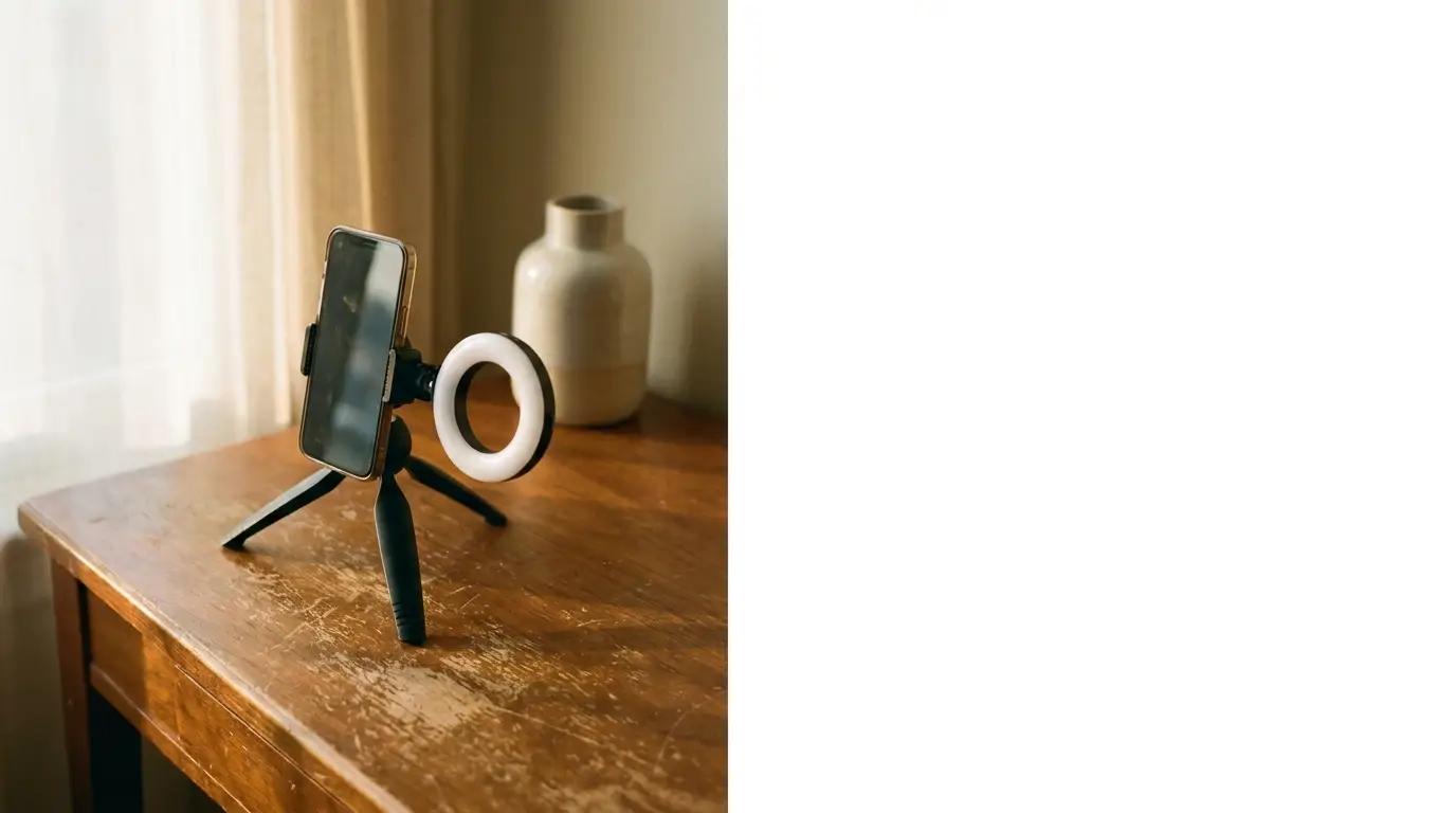 Smartphone on tripod with ring light on wooden desk in softly lit room