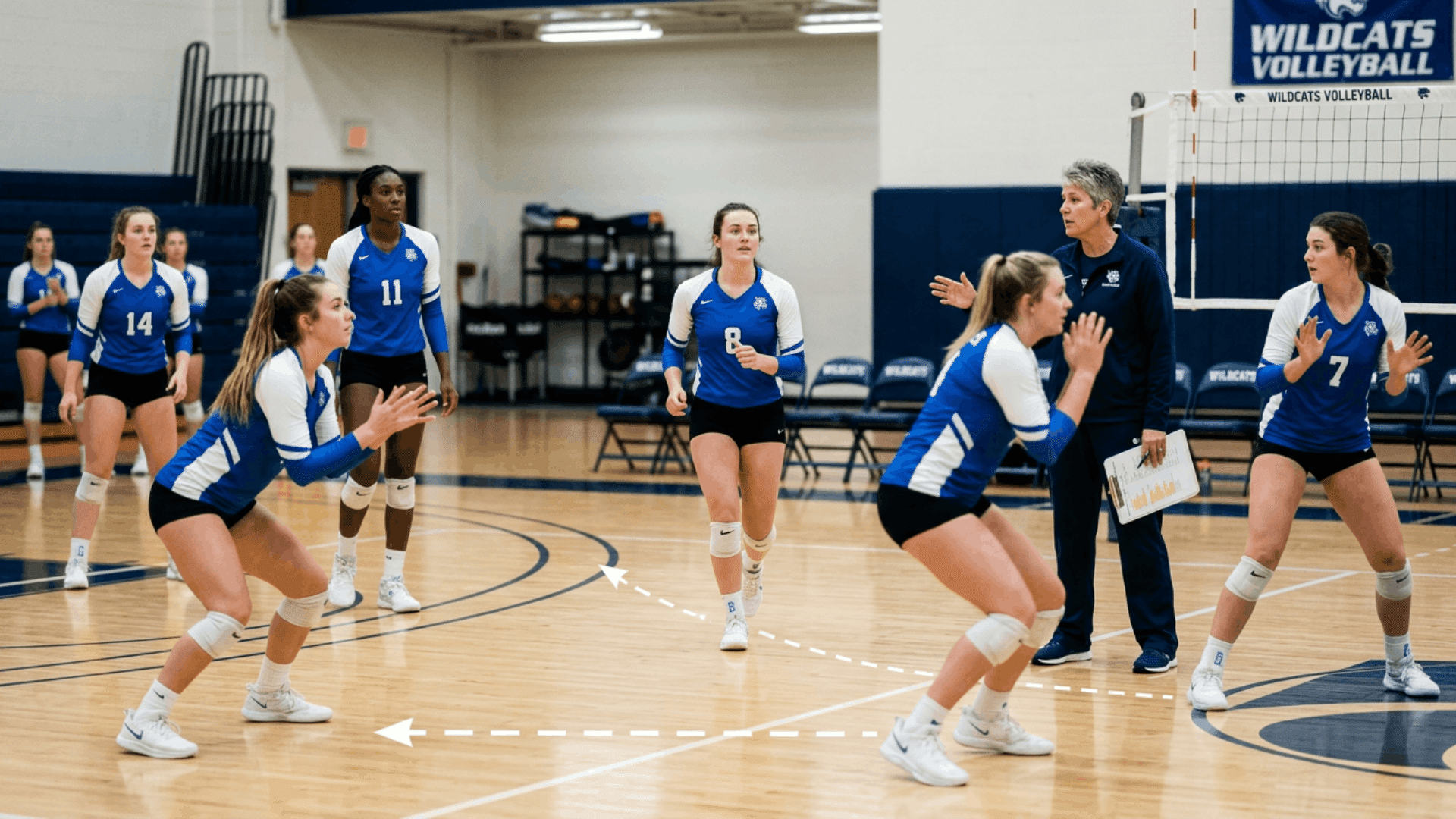 volleyball coach directing players as they practice movement in a six two rotation on court