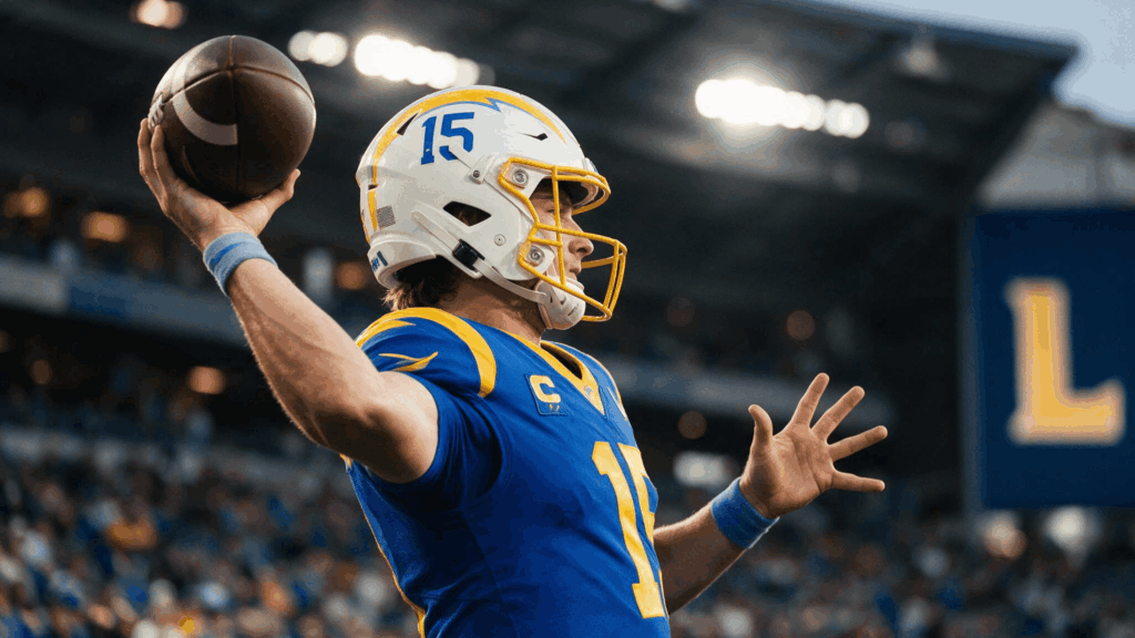 preparing to throw the football during an nfl game under stadium lights