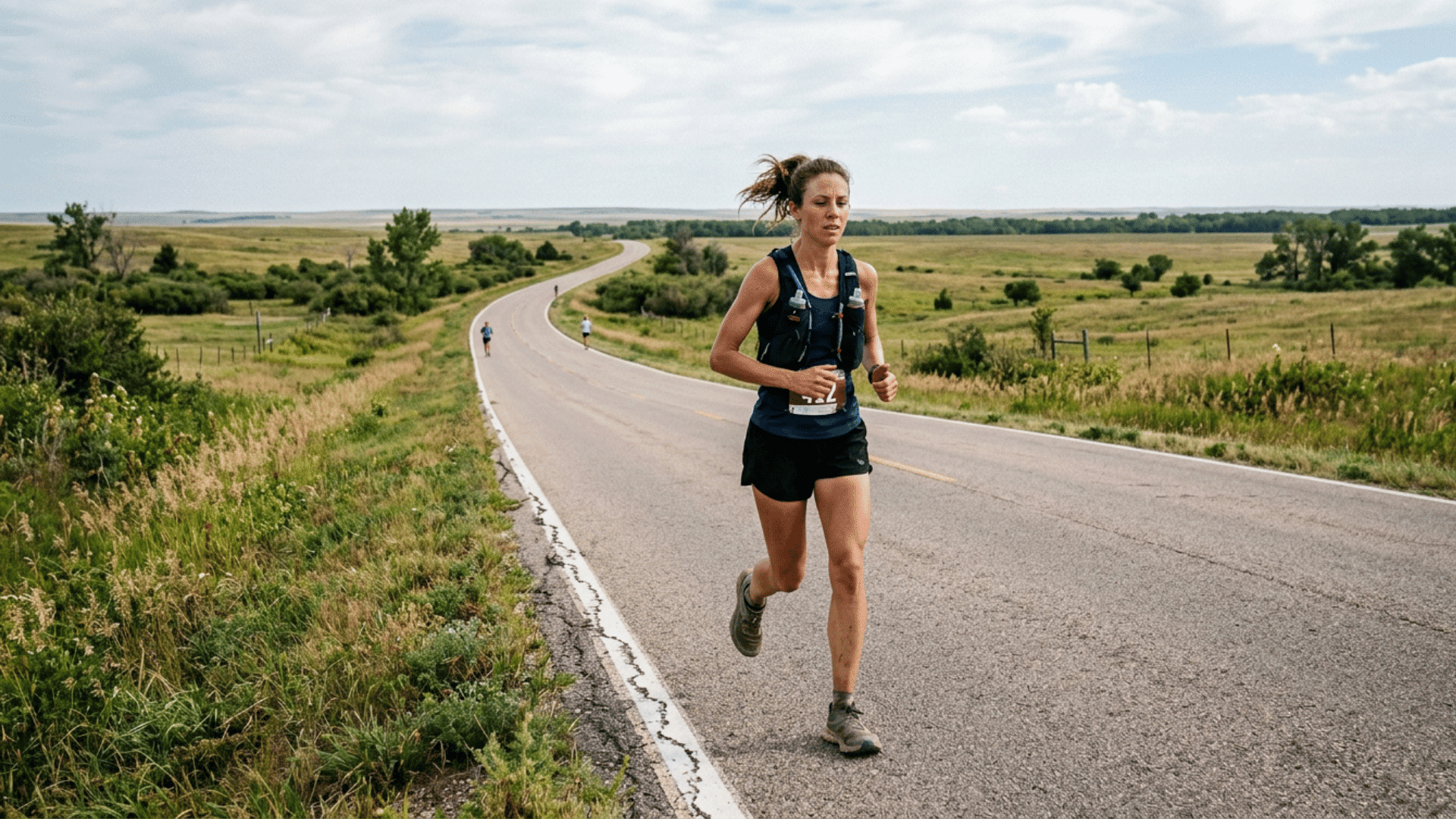 ultramarathon runner training on a long road wearing hydration vest in an open outdoor landscape