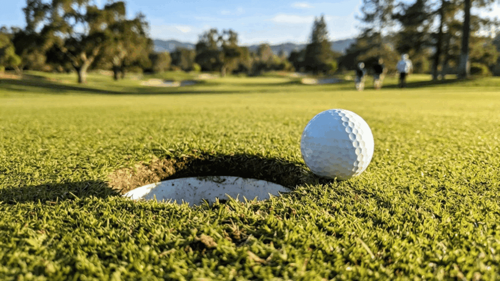 golf ball resting on grass with a club nearby during play on a sunny course setting
