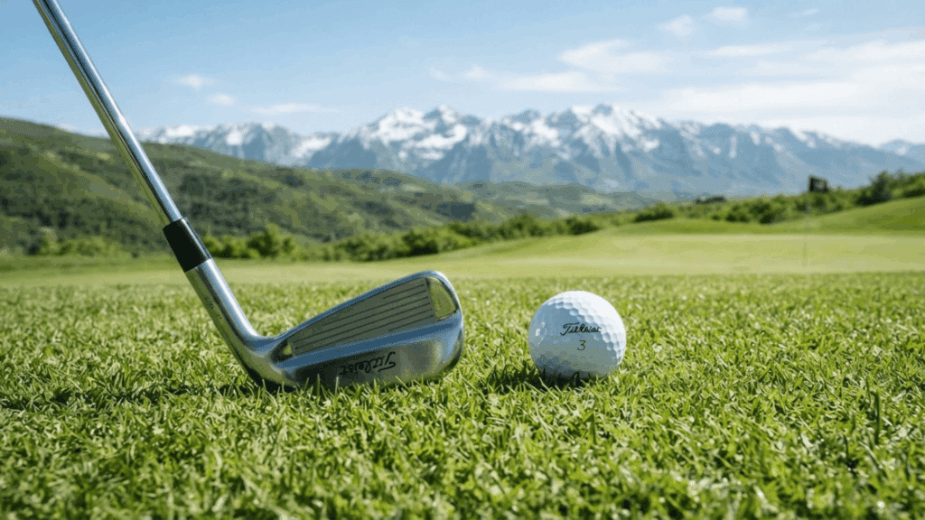 golf club and ball on a fairway showing what is a bogey in golf with a green and mountains in the background