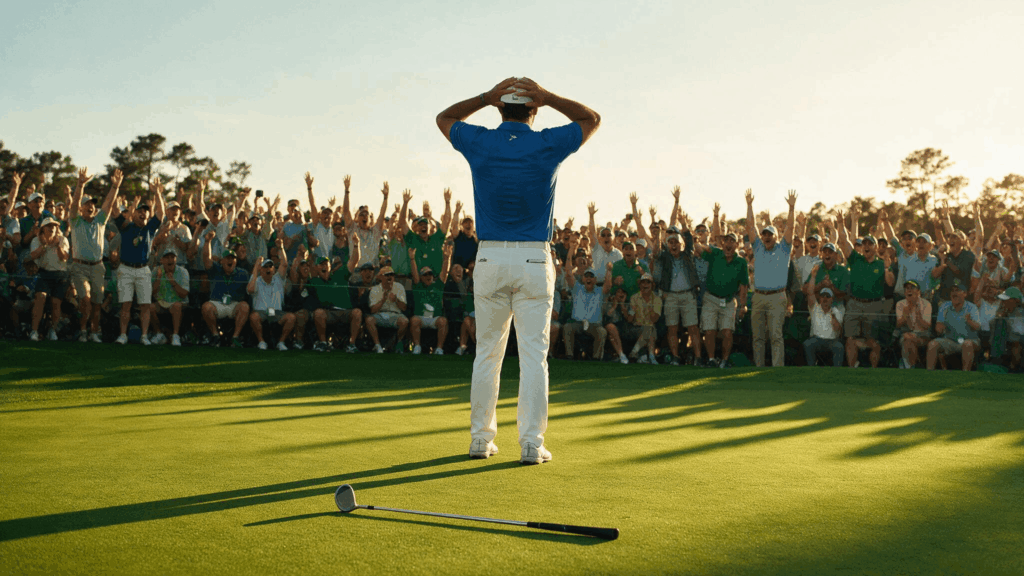golfer standing on the green in disbelief as a cheering crowd celebrates behind him after a major victory