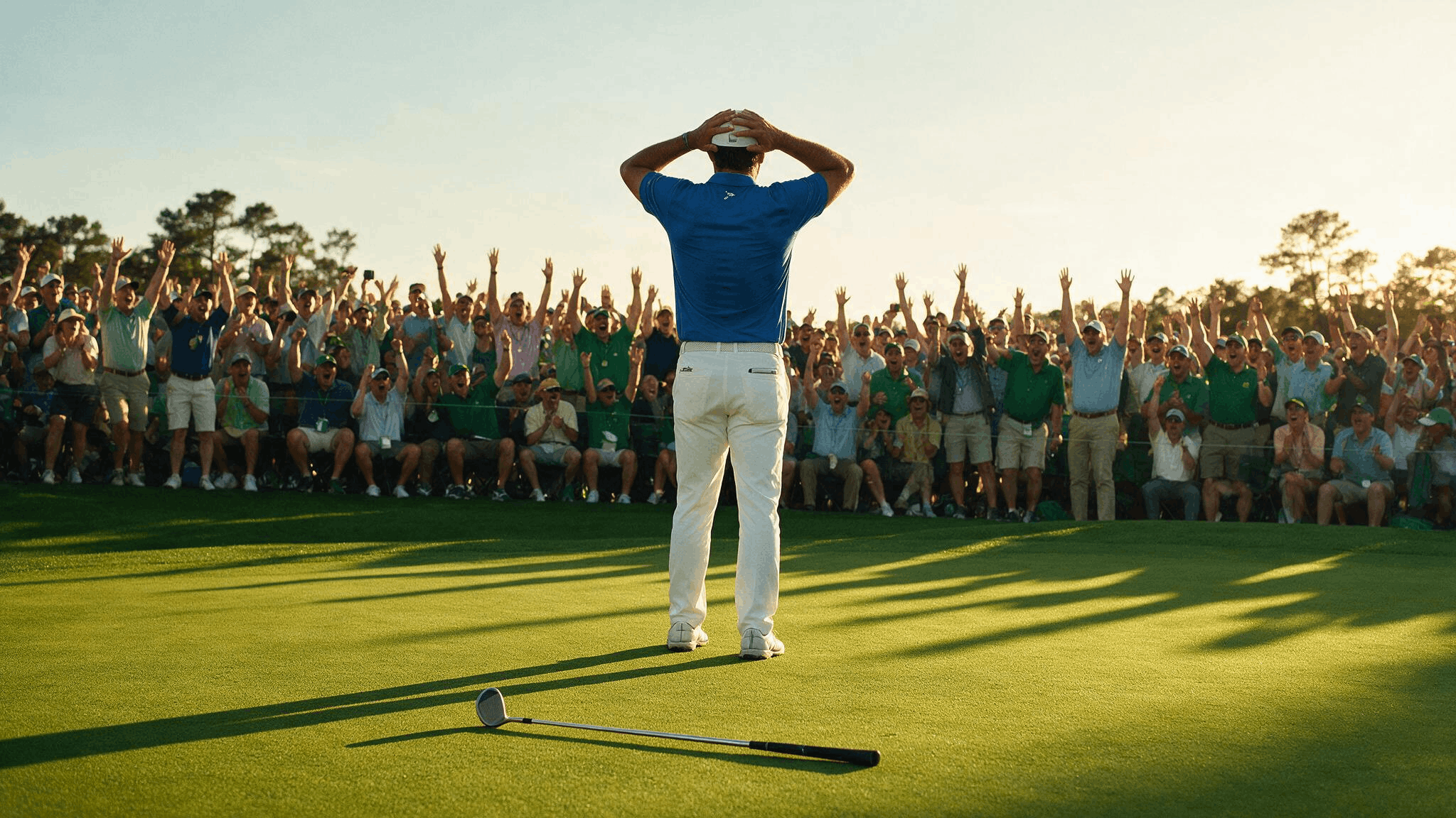 golfer standing on the green in disbelief as a cheering crowd celebrates behind him after a major victory