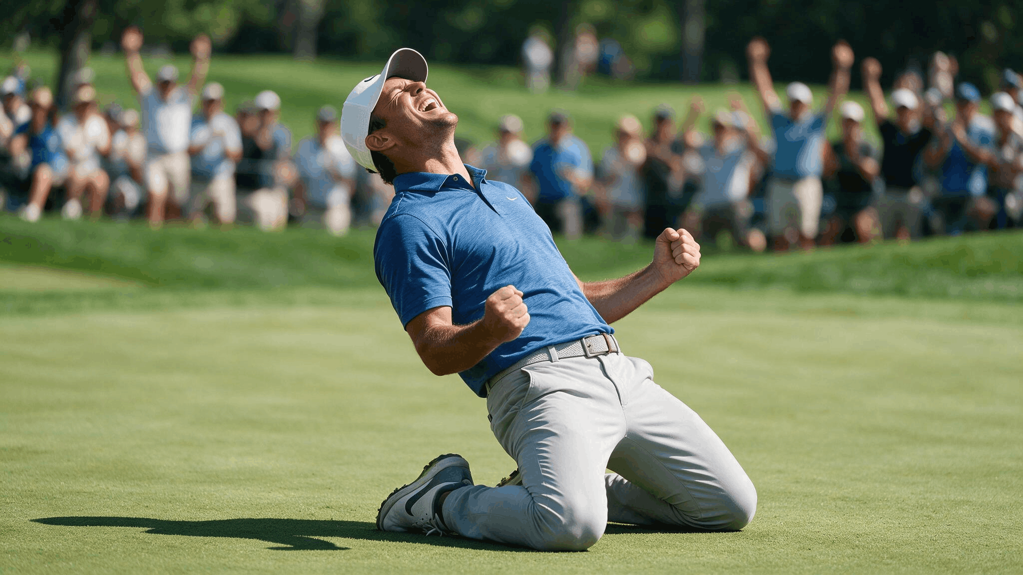 golfer celebrating on a green after a major championship victory with cheering spectators in the background