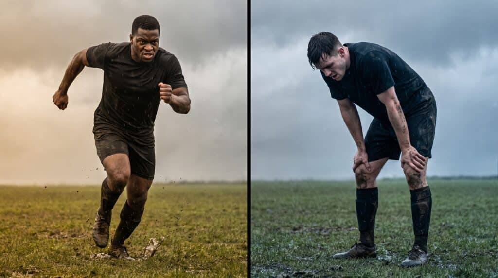Two athletes on muddy field, one sprinting and the other resting, under overcast skies