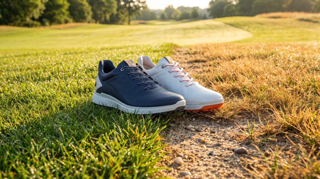 Navy and white golf shoes on dewy grass in morning sunlight on a golf course