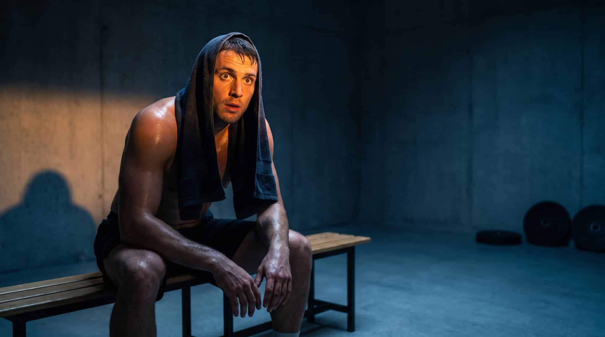 Sweaty man sitting on wooden bench in dark gym with towel over head