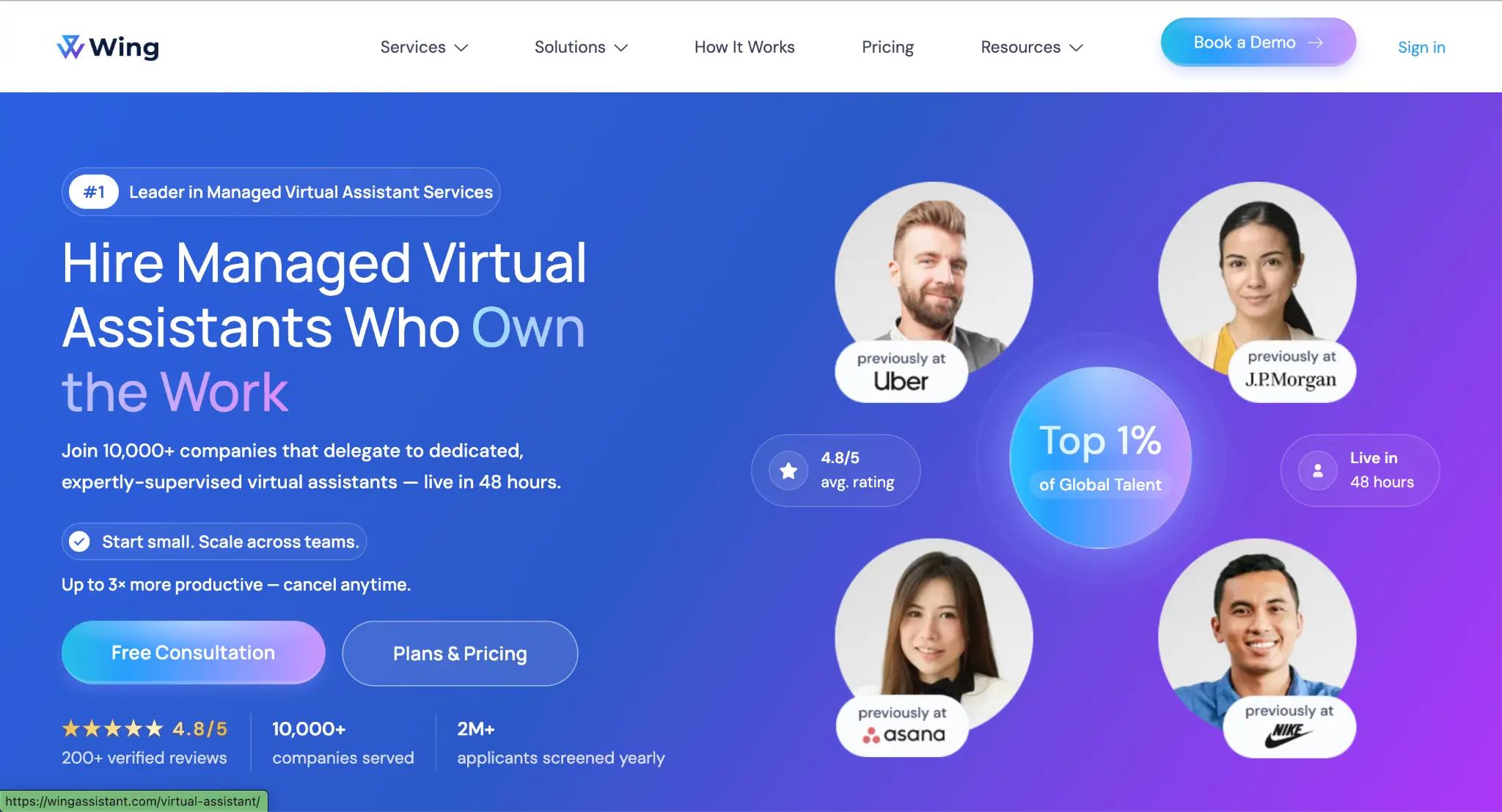 Website banner featuring virtual assistant service details with four diverse professional headshots on blue-purple gradient background