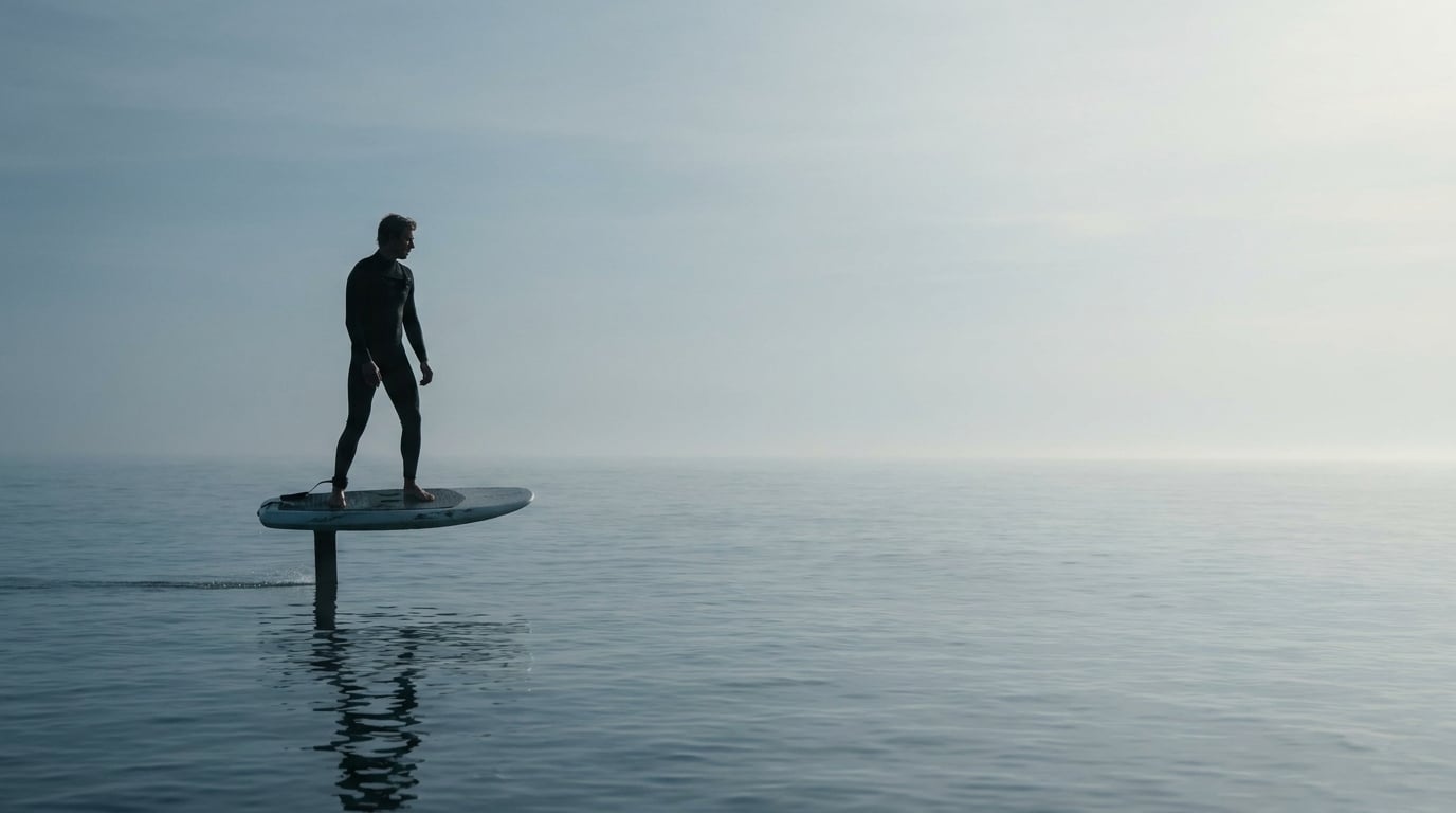Person in wetsuit riding a hydrofoil surfboard over calm ocean waters under cloudy sky