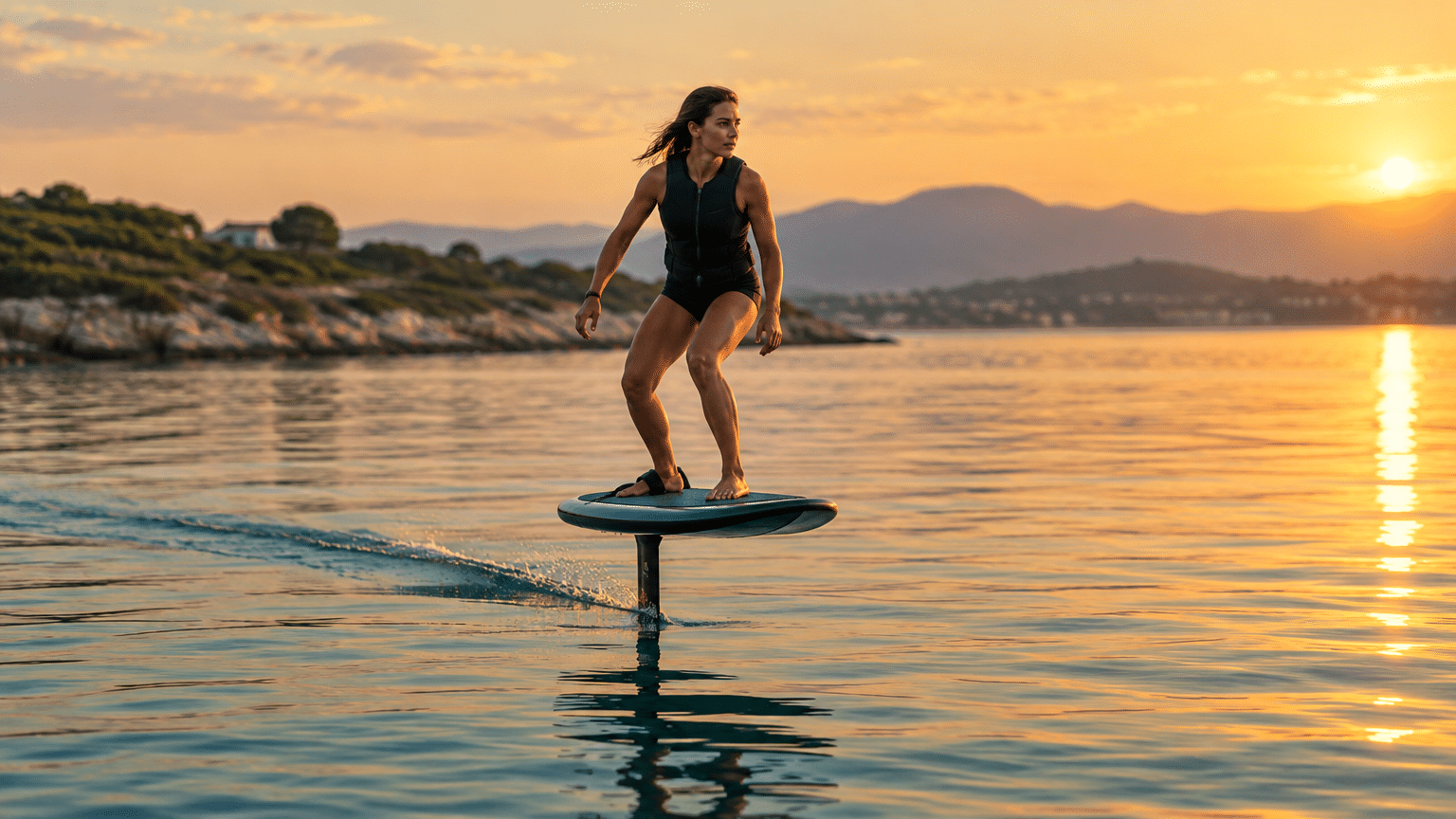 Woman riding an electric surfboard on calm ocean at sunset