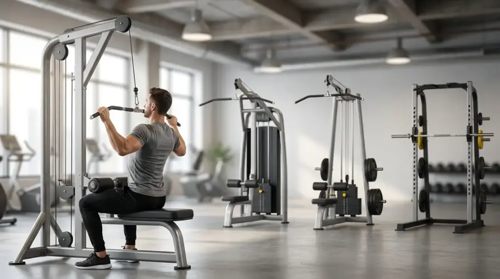 Man using lat pulldown machine in modern gym with weight equipment in background