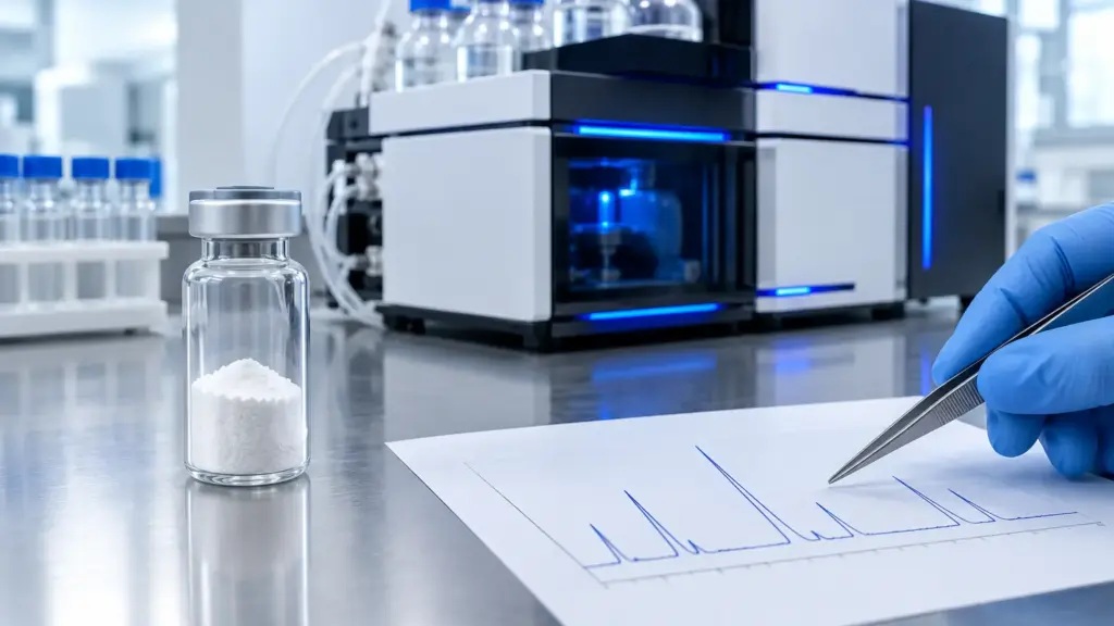Chromatograph analysis on laboratory table with vial of white powder and gloved hand holding tweezers