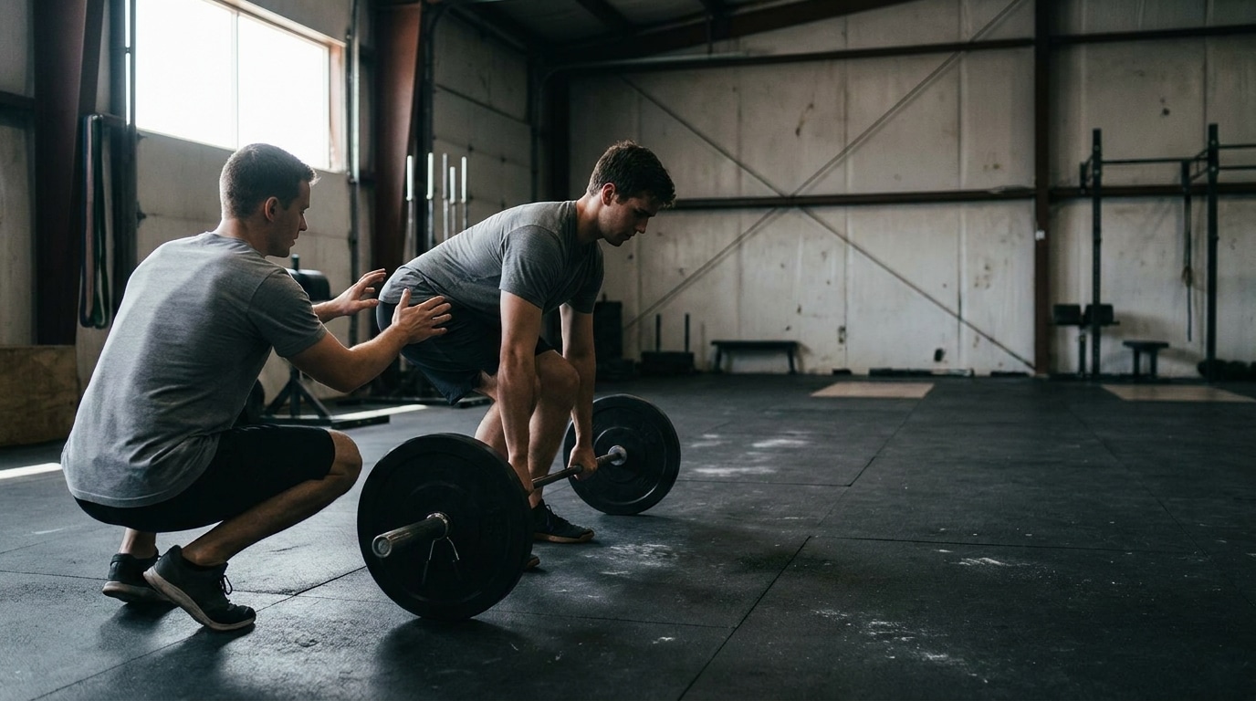 Trainer assisting man in deadlift exercise in industrial-style gym setting