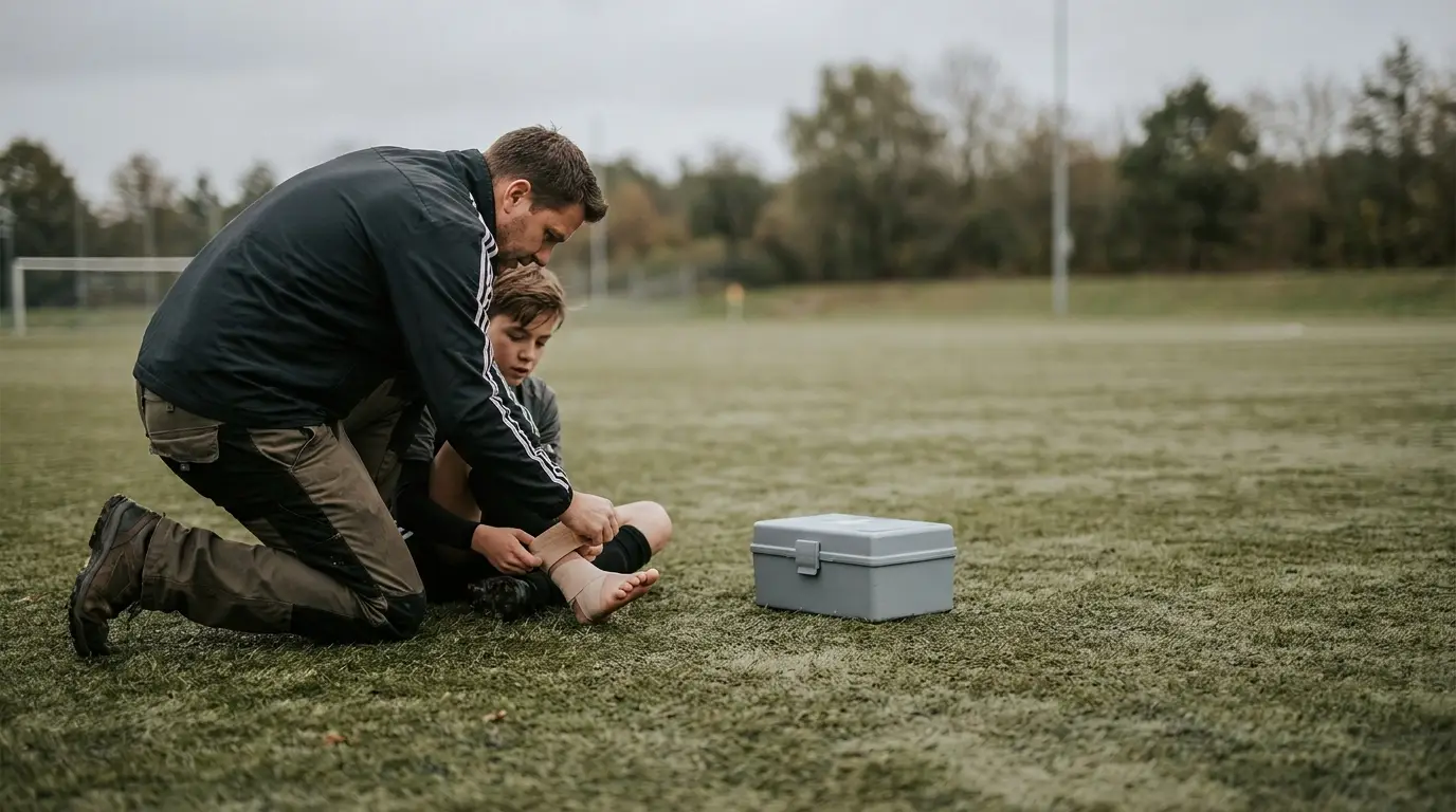 Man assisting boy with foot injury on grassy sports field next to first aid kit