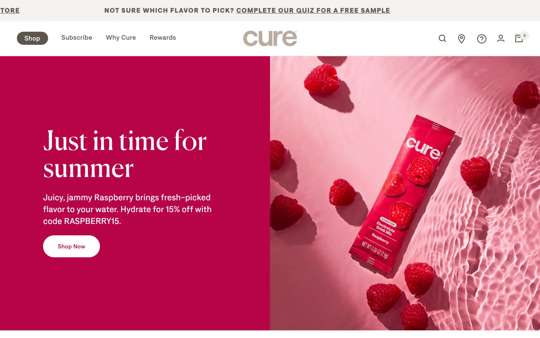 Raspberry drink powder and fresh raspberries on pink rippled surface