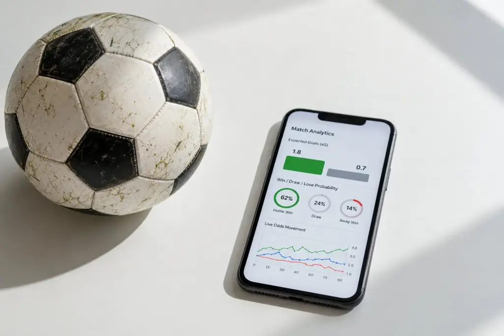 Soccer ball and smartphone displaying match analytics on a sunlit surface