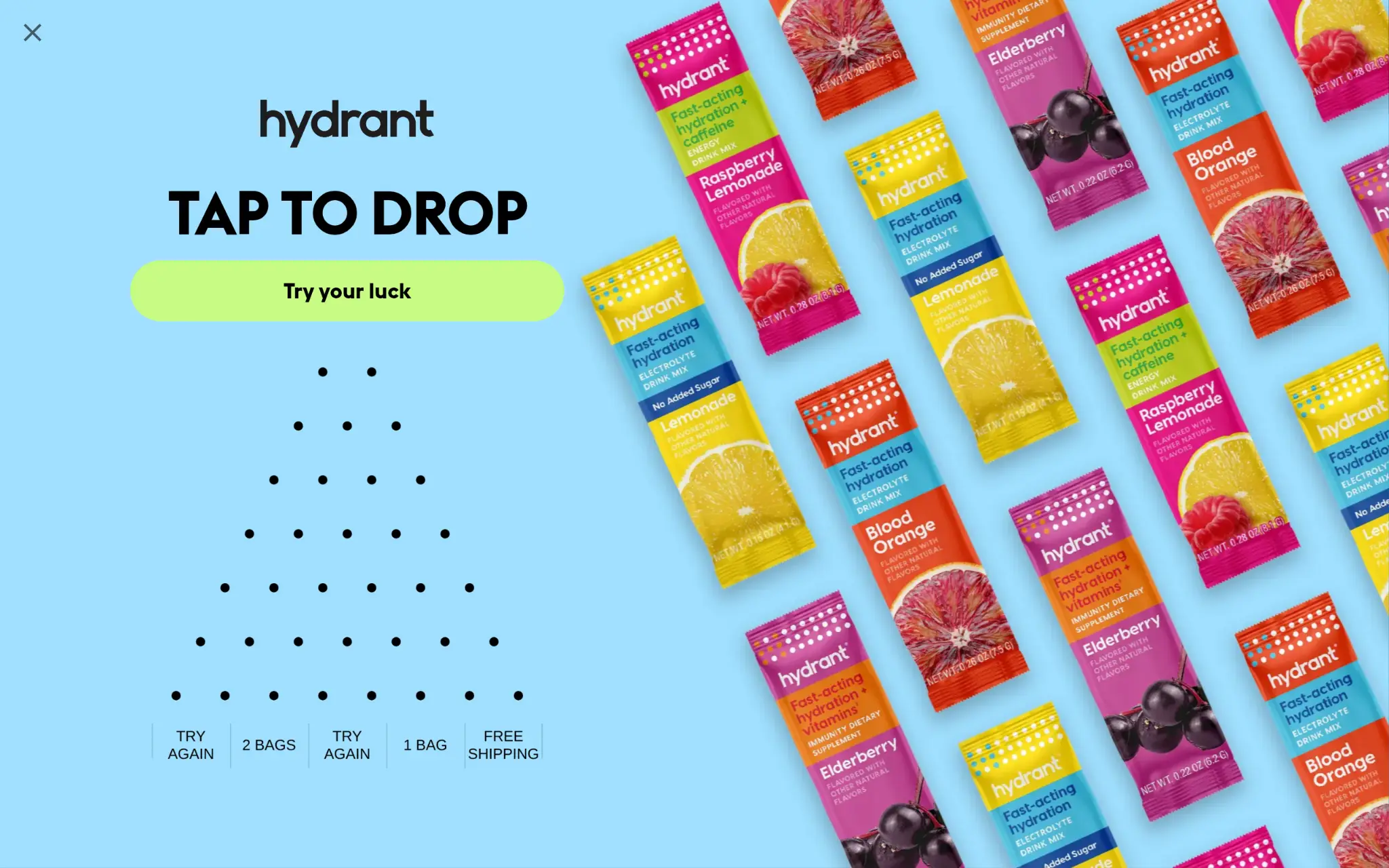 Hydration drink mix packets in various flavors on blue background with interactive game element