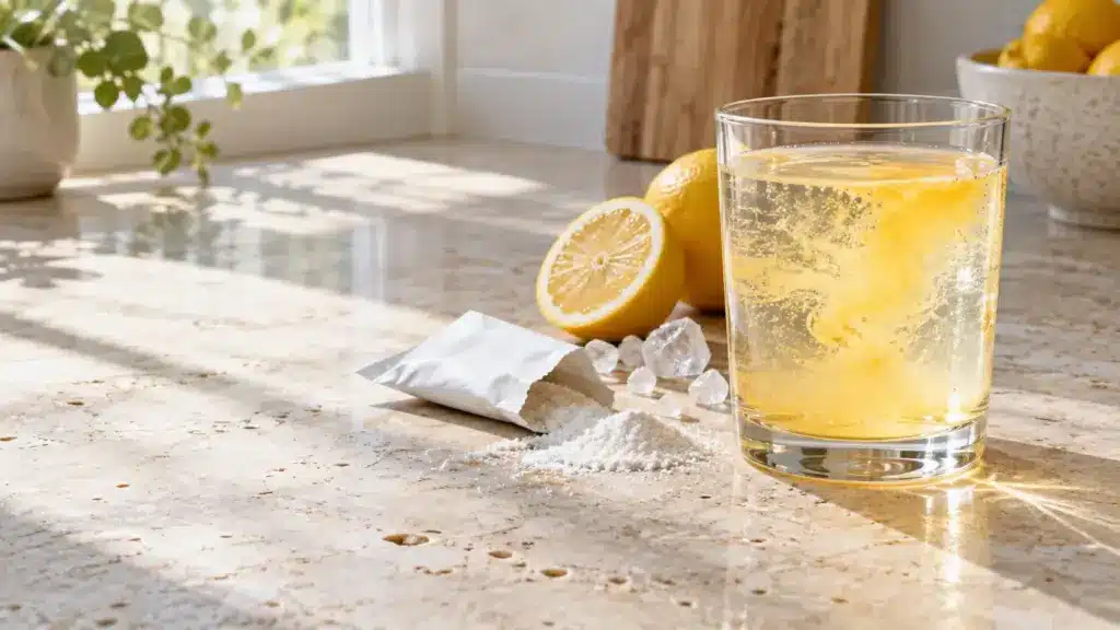 Effervescent lemon drink in glass with sliced lemon and powder on sunlit countertop