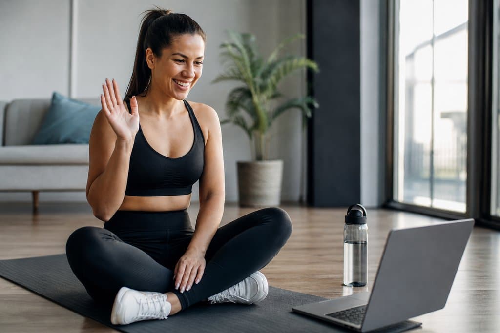 Woman in sportswear waving at laptop during virtual workout in modern living room