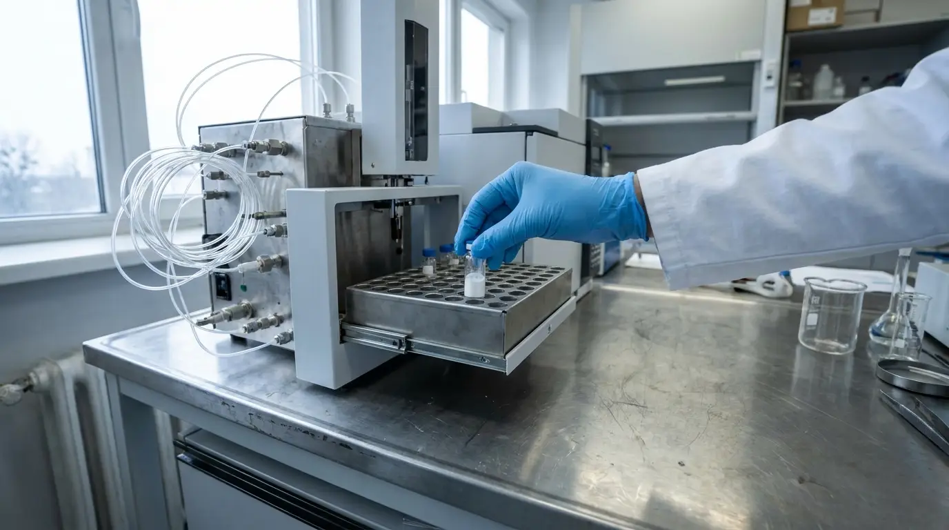 Lab technician placing sample vials in chromatography machine in bright laboratory setting