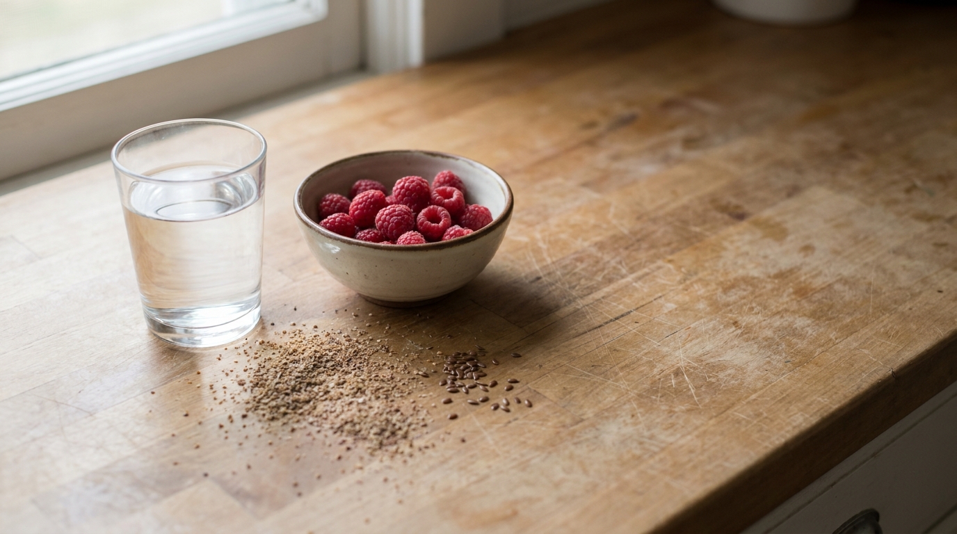 Bowl of raspberries and glass of water on wooden countertop with scattered seeds