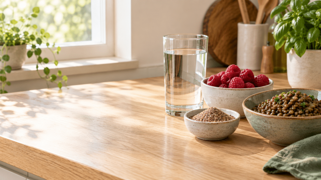 Bowls of raspberries, lentils, flaxseeds, and glass of water on wooden kitchen counter