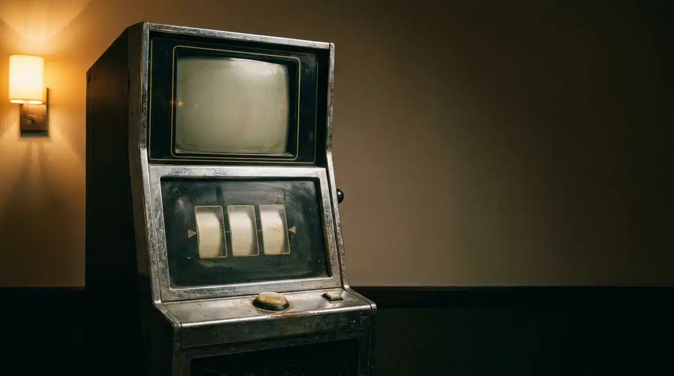 Worn arcade slot machine cabinet lit by warm lamp light in a quiet dim gaming room