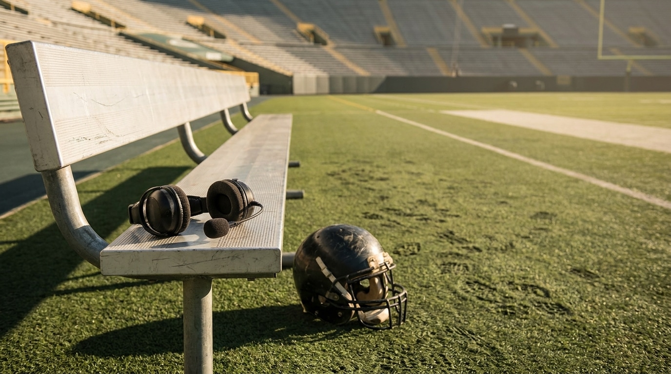 Football helmet and headset on metal bench in empty stadium under warm sunlight