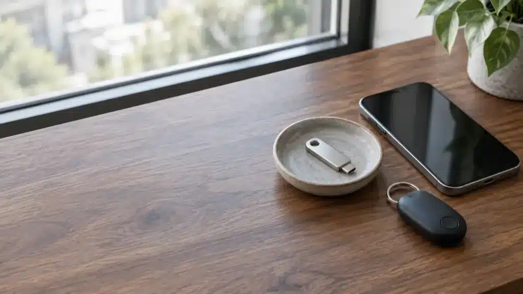 Smartphone, USB-C drive, and key fob on wooden desk near window with plant