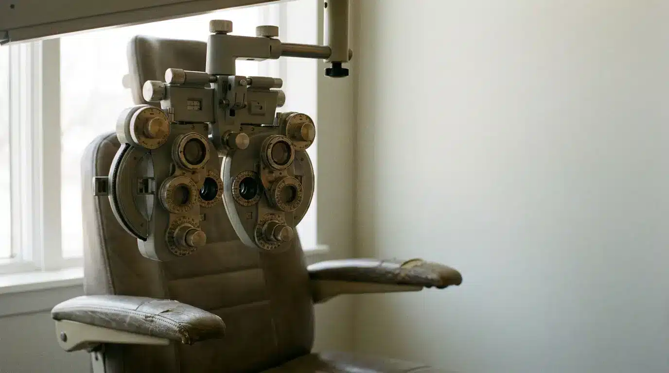 Phoropter instrument on its arm beside a padded exam chair in a softly lit optometry exam room