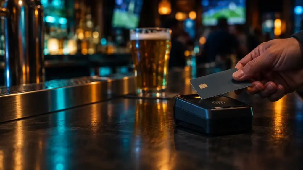 Hand holding card over payment terminal on bar counter with beer glass nearby