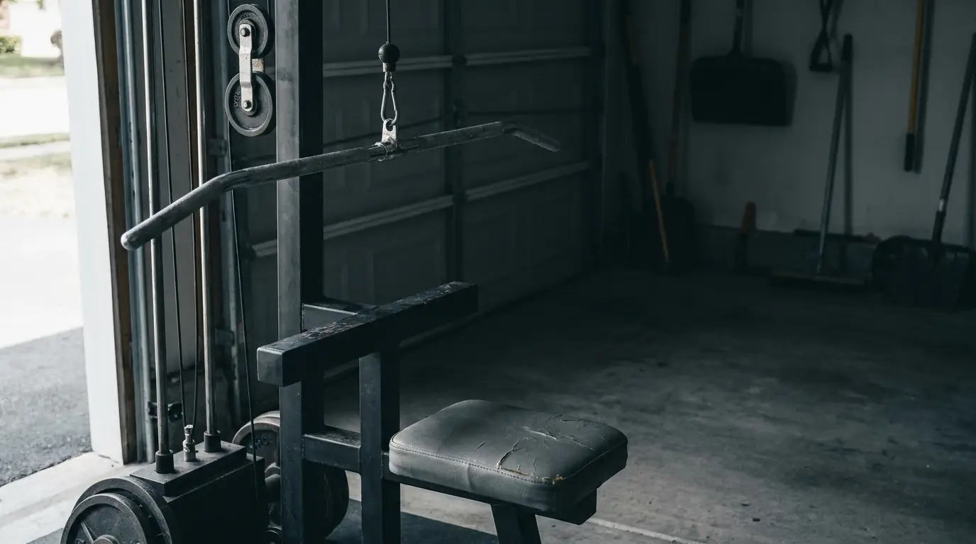 Weightlifting machine with worn leather seat in dimly lit garage gym setting