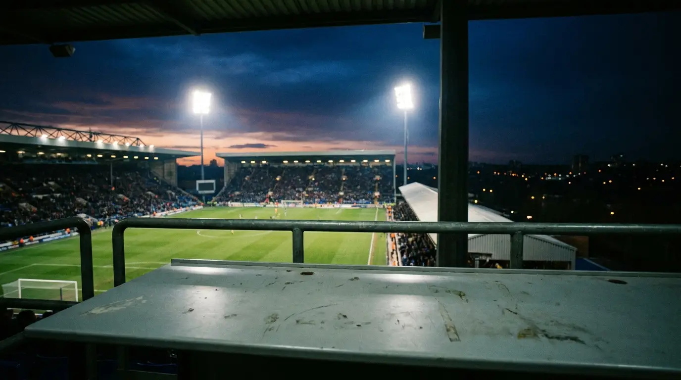 Football stadium at dusk with bright floodlights and crowded stands
