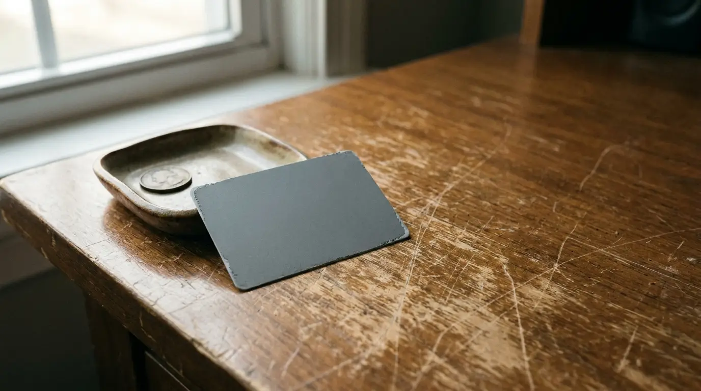 Rectangular color swatch and ceramic dish with coins on scratched wooden table near window