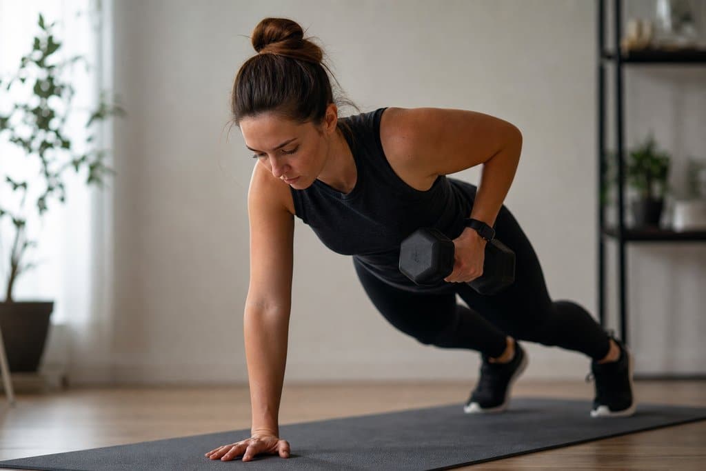 Woman performing plank exercise with dumbbell on yoga mat in living room