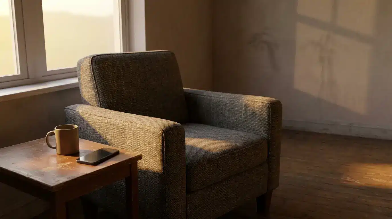 Gray armchair beside wooden table with coffee mug in sunlit room