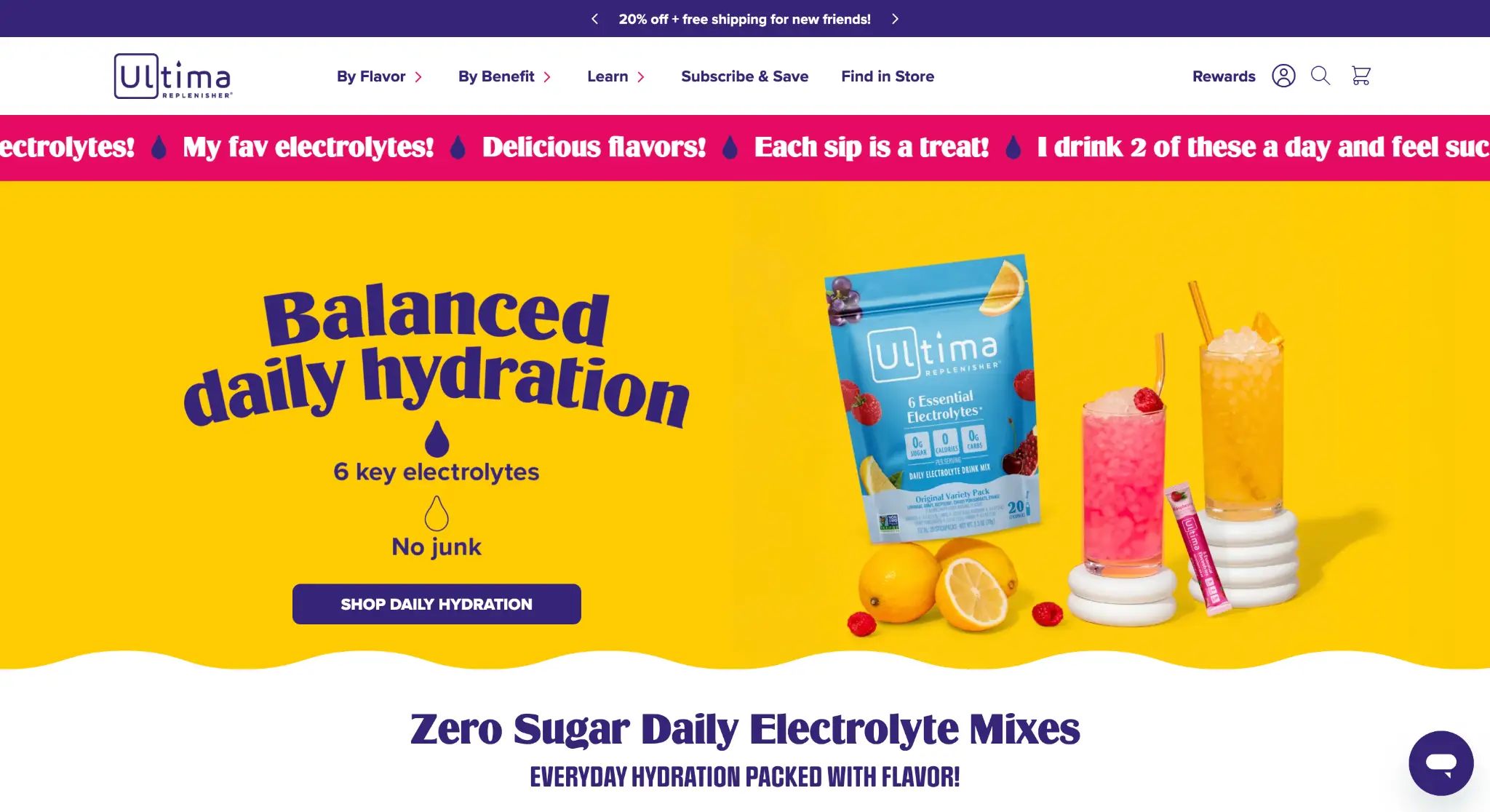 Electrolyte drink mix packet with two glasses on yellow background with lemons and raspberries