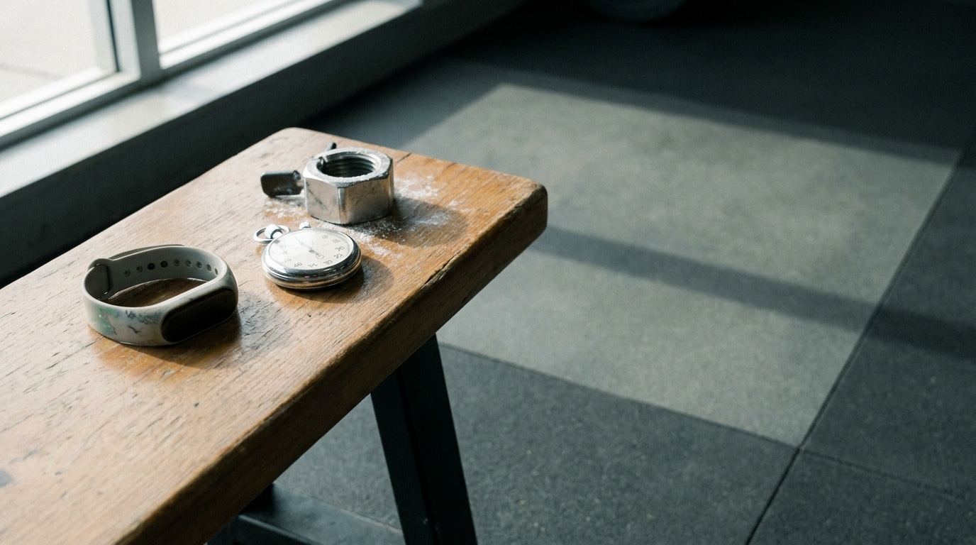 Smartwatch, pocket watch, and large nut on wooden bench in gym setting with sunlight streaming in