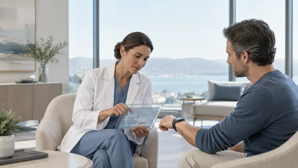 Doctor explaining health data on digital tablet to patient in modern office with lake view
